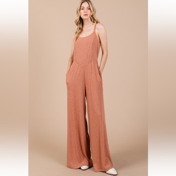 Solid Wide Leg Ribbed Knit Jumpsuit - Picture 2 of 5